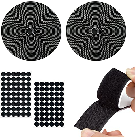 2 Stück 8 m x 2 cm doppelseitiges selbstklebendes Kratzband, mit 54 Paar runden Klettbändern (schwarz), für Wandbehang, Vorhänge, etc.
