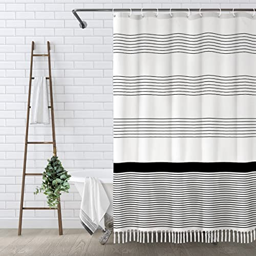 Awellife Tenda da doccia a righe per bagno, con nappe, in cotone, stile bohémien, fattoria, 183 x 183 cm, nera