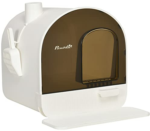 PawHut Cat Litter Tray, Hooded Cat Litter Box with Mat,Scoop,Filter, Flap Door, 43 x 44 x 47cm - White