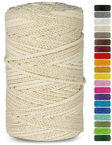 Netuno 1x Makramee Garn Elfenbein mit goldenem Metallfaden 3mm 100m Baumwollkordel Textilgarn Kordelband Naturgarn Naturbaumwolle Garn für Makramee Baumwollgarn Dekoschnur farbig Cotton Cord Macrame