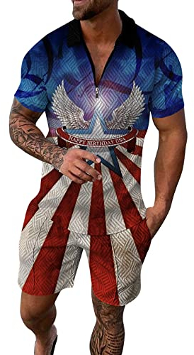 XTBFOOJ Männer Sommer Outfit Strand Kurzarm Gedruckt Hemd Kurzen Anzug Hemd Hosen Anzug Mit Taschen Schlittschuh Anzug Herren Outfits Anzug Set Jogginganzüge Für Herren Jogging Anzughose Herren