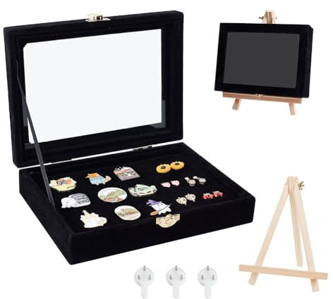NBEADS Wandhängende Samt Pin Vitrine, Schwarz Schmuck Präsentation Boxen mit Fenster und Holz Staffelei Brosche Schmuck Aufbewahrungsbox für Pins Medaillen Insignien Schmuck, 20.1x16x4.9cm