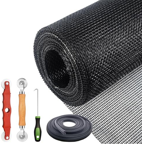 Fliegengitter-Reparaturset, Ersatzset, schwarzes Fenstergitter mit Rollwerkzeug und Bildschirm-Halterungs-Spline, für Terrassen-Schiebetür-Bildschirm, Wohnmobil-Fliegengittertür (150 x 300 cm)