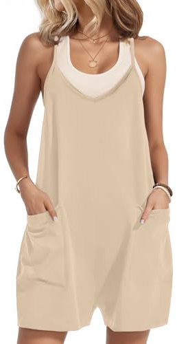 Zeagoo Damen Latzhose Baumwolle Sommer Ärmellos Overall Locker Kurz Weite Hose Spaghetti Playsuit Arbeit Latzhosen Beige S