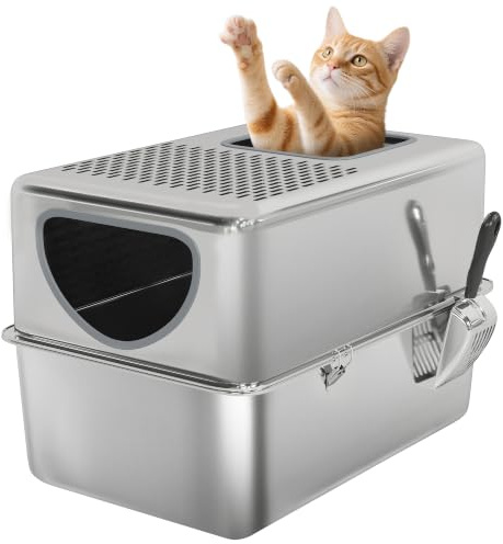 PawHut Arenero para Gatos de Acero Inoxidable XL Arenero con Pala Plata | Caja de Arena para Gatos, Aberturas Dobles, Fácil de Limpiar