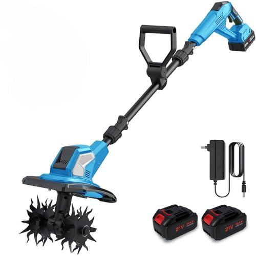 Akku-Bodenhacke und Kultivator, 21V Akku-Motorhacke,Zwei Rollen 4 Messer 20cm Arbeitsbreite,Verstellbarer Teleskopgriff,Ideal zum Auflockern und Bearbeiten von Gartenboden