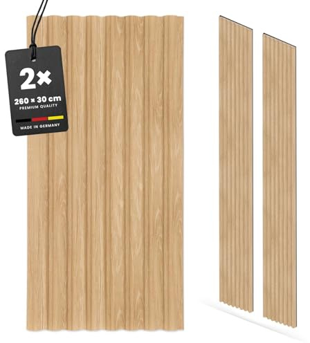 KGM Akustikpaneele Curve Eiche Natur MDF - 30 x 1,7 x 260 cm, 2er Set | 3D-Wandverkleidung mit Filz, geschwungenes Design, schallabsorbierend, 1,56 m² Deckung, dekorativ, PEFC-zertifiziert