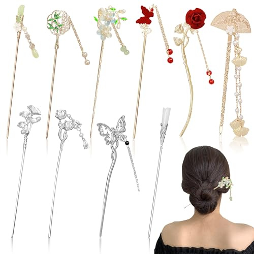 Bastoncini per Capelli, 10 Pezzi Forcine Cinesi Vintage per Donna, Retro Farfalla Fiore Bastoncini Chinese Hair Stick Elegante Accessorio Hanfu con Nappe per Chignon Acconciature