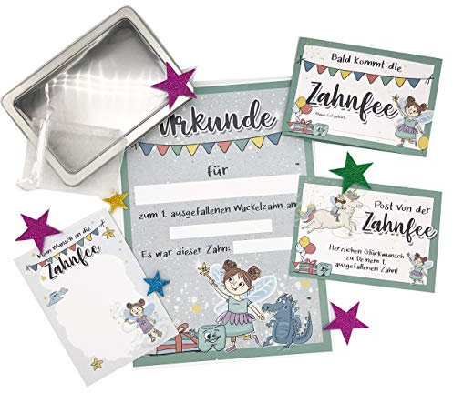Das Zahnfee-Set für die Zeit ab dem ersten Wackelzahn mit 6 Teilen in der Metalldose und Säckchen für den ausgefallenen Milchzahn