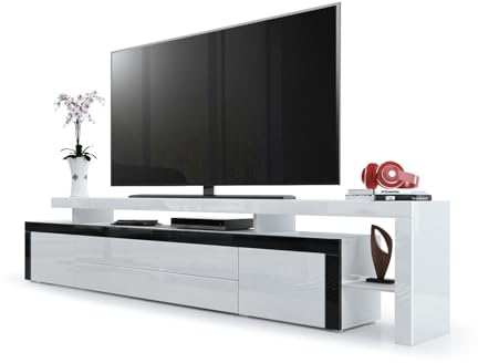 Vladon TV Board Lowboard Leon V3, Made in Germany, Korpus und Überbau in Weiß Hochglanz/Front in Weiß Hochglanz mit Rahmen in Schwarz Hochglanz (227 x 52 x 35 cm)