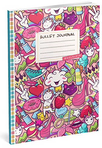 Bullet Journal: Punktraster Notizbuch (Ca. A5) + 100 Seiten + Vintage Softcover | TOP Motiv: Einhorn Collage | Dotted Grid Notebook, Kaligrafie Papier, Punktpapier +++ Jetzt mit Register +++