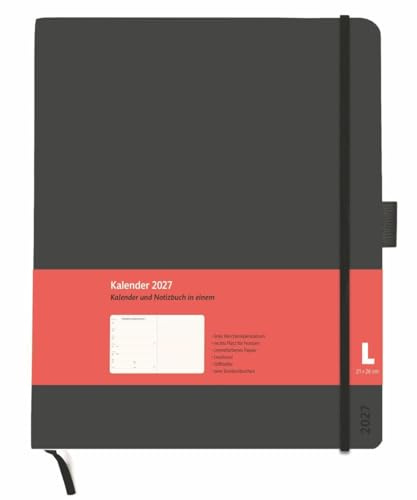 Kombitimer schwarz groß 2027: Schwarzer Terminkalender 2027. Buch-Kalender mit Lesebändchen und Gummiband. Großer Taschenkalender zum Planen von Terminen.