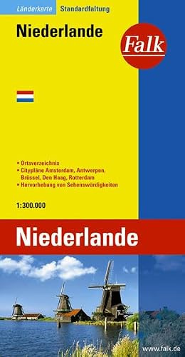 Falk Länderkarte Niederlande 1:300 000: Ortsverzeichnis, Citypläne Amsterdam, Antwerpen, Brüssel, Den Haag, Rotterdam, Hervorhebung von Sehenswürdigkeiten