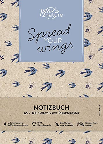 Spread Your Wings • Nachhaltiges Notizbuch in A5 mit Hardcover und Vogel-Motiv: Eintragbuch mit weißen Seiten und Punktemuster. Umweltfreundliches ... praktisches Bullet-Journal (pen2nature books)