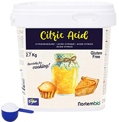 Nortembio Acide Citrique Anhydre Biologique 2,7 Kg. Qualité Alimentaire, 100% Pur. Acidulant et Conservateur pour la Cuisine et la Confiserie. E-Book avec Recettes Inclus.