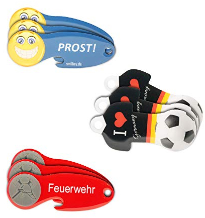 Einkaufswagenlöser ® Feuerwehr, Prost Smiley & Fußball Trikot/Schlüsselanhänger Einkaufschip mit Schlüsselfundservice/Abziehbarer Einkaufswagenchip Metall, Chip Einkaufswagen,Key Finder/3 Stück