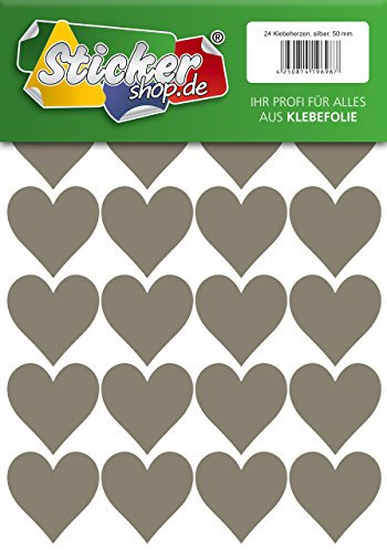 24 Klebeherzen, 50 mm, silber, aus PVC Folie, wetterfest, Herz Sticker Aufkleber