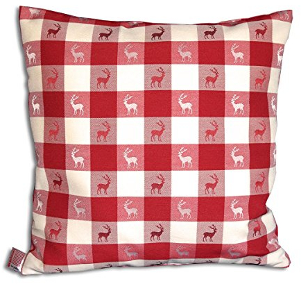 Kissenhülle Karo mit Hirsch in Rot | 1 Stück hochwertiges Zierkissen 40 x 40 cm passend zur Landhaus-Serie | Dekokissen langlebig, rot-weiß kariert aus Webstoff mit kleinen Hirschen