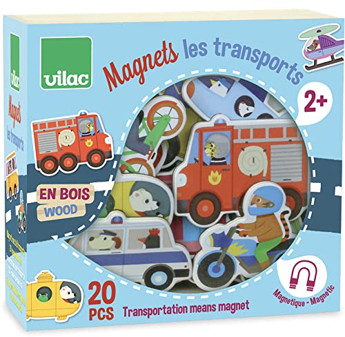 Vilac Magneti in legno a tema trasporti, apprendimento reso divertente, include vari veicoli, set da 20 pezzi, 2 anni +