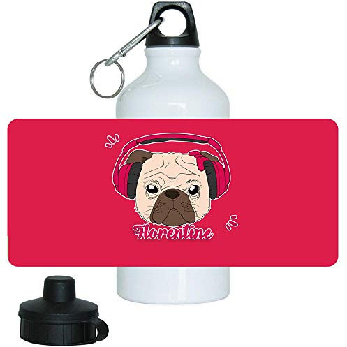 Eurofoto Trinkflasche mit Namen Florentine und schönem Motiv-Mops mit Kopfhörer und Schleife für Mädchen