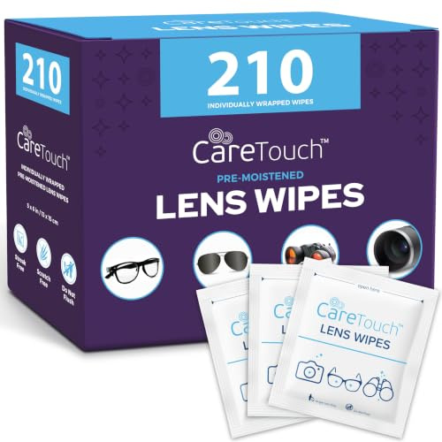 Care Touch Lens Wipes for Eyeglasses- 210 Count Individually Wrapped Pre- Moistened Wipes, 5 x 6 Inch- Camera Lens, Sunglasses and Glasses Cleaner,- Gentle and Portable for Cleaning of Optical Devices