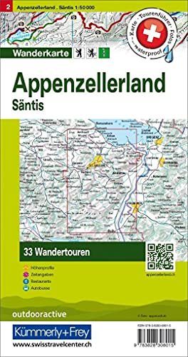 Kümmerly+Frey Wandertourenkarte 2 Appenzellerland 1:50.000: Inkl. Säntis. Mit 33 Tourenvorschlägen, Wetterfest inkl. Höhenprofil & Zeitangabe pro Tour