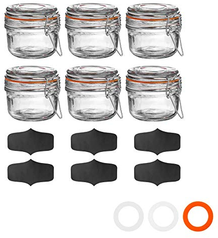 Argon Tableware Glass Spice Jars with Airtight Metal Clip Lid & Chalkboard Stickers - 125ml/4.2oz - 6 Pack - 4 Colour Seals - Kitchen Storage Container Round Preserving Jar for Spice, Seasoning