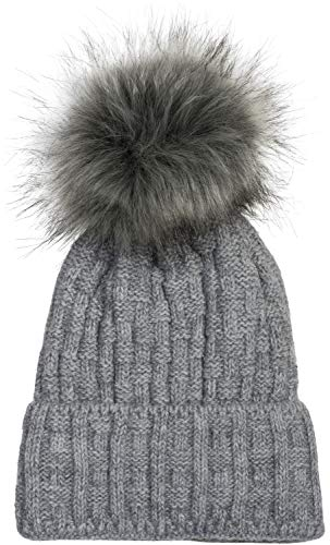 styleBREAKER Unisex warme Strick Bommelmütze mit Flecht Muster und Fleece Futter, Winter Fellbommel Mütze 04024171, Farbe:Grau meliert
