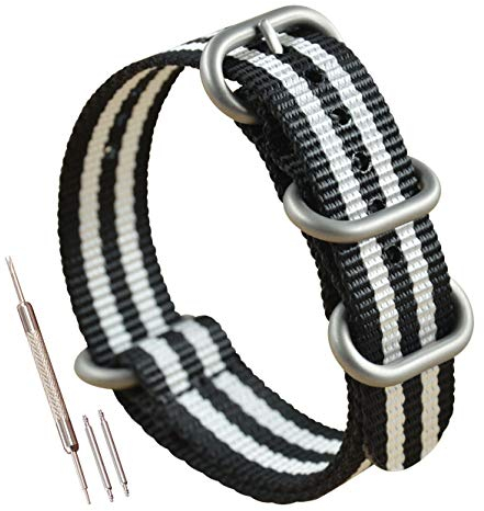 MZBUTIQ 20mm Schwarz/weiß Uhrenarmband Nylon Ersatz Extra Lang für Herren Matte Silberne Schnalle 4 Ringe
