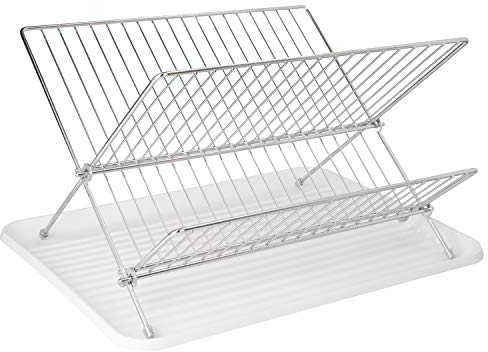 Escurreplatos Plegable Con Rejilla De Acero Cromado Y Bandeja De Secado, 2 Niveles