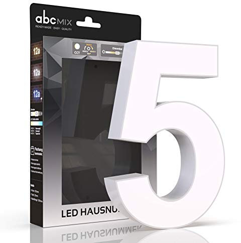 abcMIX LED Hausnummer, personalisierbare beleuchtete Hausnummer, Hausnummernleuchte mit LED - Hausnummer 5, Farbe WEIß, Lichtfarbeneinstellung, Dimmbarkeit