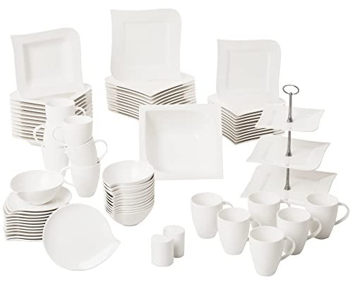 AMBITION Kombiservice 12 Personen weiss Welle 77-teilig aus Porzellan Tafelservice mit Serviergeschirr Kaffeebecher geschwungene Form