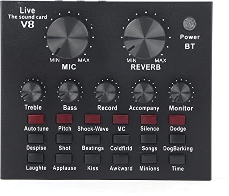 Annadue Tragbare Externe Live-Soundkarte, V8 Bluetooth Computer Live Broadcast Voice Changer Card Digitaler Mixer mit 112 Arten von Elektroakustik für MC, Reverb, für Live-Streaming Usw