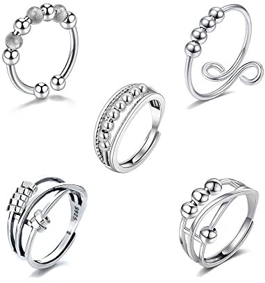 HSAJS 925 Silber Angst Ring für Frauen Männer Fidget Ringe Für Angst Relief Stress Ringe Spinner Ring Retro Verstellbare Band Ringe Set Spinning Bead Ringe (Silber)