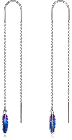 Feder Ohrringe Durchzieher Damen Sterling Silber Feder Ohrringe Hängend Lange Tropfenohrringe für Frauen Mädchen (Lila Feder ohrringe)