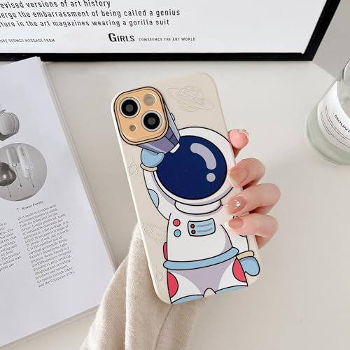 Yonds Queen for iPhone 14 Cute Case, Cool Cartoon Astronaut Space Design Stylish Bumper Women Girls Protective Anti-Slip Shockproof Fashion Creative Case (White Telescope, iPhone 14)