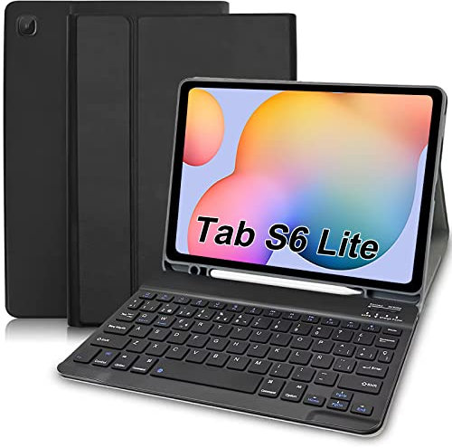 TENGWUDZ Funda Protectora con Teclado Desmontable Inalámbrico, en Español Ñ, (QWERTZ) para Samsung Galaxy Tab S6 Lite 10.4'' 2022(P613/P619) 2020(P610/P615), Negro