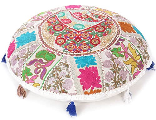 MAM Treasures Patchwork-Kissenbezug, rund, bunt, dekorativer Bodenkissenbezug, Meditationskissen, Sitzüberwurf, Bohemian-Akzent, Boho-Bezug, indischer handgefertigter Bezug (80 cm Durchmesser, weiß)