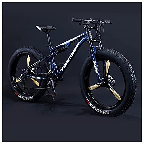 REOTEL 26 Zoll Mountainbike Herren Damen Mountainbike Fatbike, 7/21/24/27/30 Gang-Schaltung Erwachsene Fette Reifen Fahrrad, Rahmen Kohlenstoffstahl Vollfederung Bike,Blue 3 Spoke,7 Speed