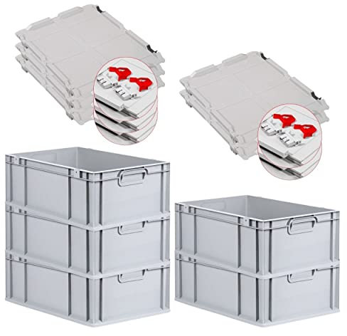 PROREGAL SuperSparSet 5x Eurobox NextGen Grip mit Scharnierdeckel und roten Schiebeschnappverschlüssen, HxBxT 22x40x60cm, 44 L, Grau, Griffe geschlossen, Eurobehälter, Transportbox