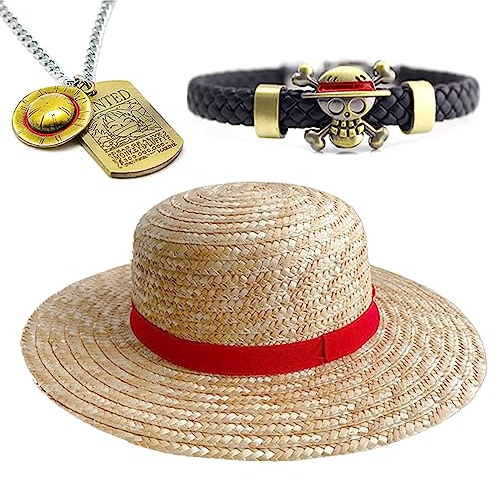 HJYZY Luffy Lot de 3 chapeaux de paille d'été pour la plage - Collier en cuir synthétique, Métal