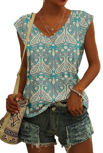 NARRAME T-Shirt da Donna con Maniche ad Aletta e Scollo a V Camicetta Estiva da Donna Top Casual Leggero Paisley Boho Floreale Verde Small S 34-36