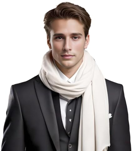 LA FERANI Herrenschal Kaschmir stilvoll dünn Herbst Winter 185x65 elegant für formelle Anlässe geschmeidig Kaschmirschal weiss Pashmina Halstuch Wollschal Wolle Uni Farbe (Weiß)
