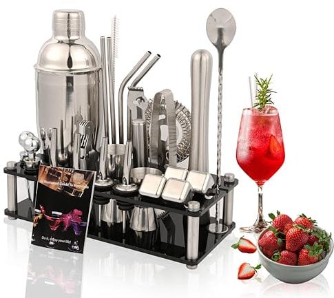Mixology Bartender Kit, 26-Piece Cocktail Shaker Set Stainless Steel Drink Shaker Bar Set with Acrylic Stand & Cocktail Recipes Booklet, Perfect Cocktail Set for Drink Mixing, Home, Bar and Parties