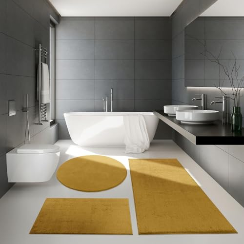 TT Home Badezimmer Teppich Hochflor Badematte Modern Weich In Versch. Farben u. Größen, Größe:60x100 cm, Farbe:Gelb