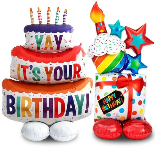 Stehende Happy Birthday Ballons, 2 Stück Stehender Happy Birthday Kuchen Ballon und Geschenk Luftballon Stehend, Happy Birthday Folienballon Stehend, Geburtstagsfeier Dekoration