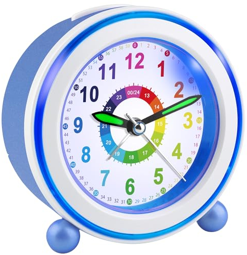 Ayybboo Wecker Kinder Ohne Ticken mit Snooze und Nachtlicht,Kinderwecker Batteriebetrieben Lernwecker für Jungen und Mädchen,Quarz Analog Wecker für Kinder (Blau)
