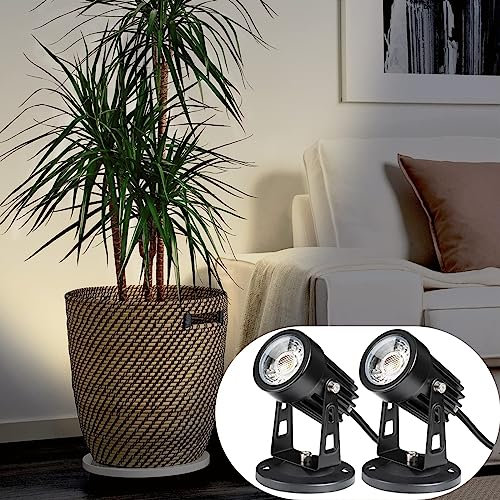 2 Pack LED Spot Lights Indoor for Plants Uplights Lamp Accent Lighting Decor 120V Warm White Up Spotlight 5.9 FT Cord with Floor Foot Switch (Base and Stake Included) (Black)