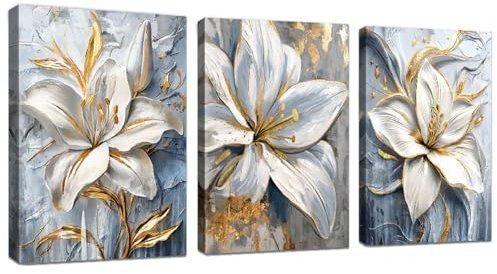 WENGTIAO 3 Pezzi Stampa su Tela Grigio Bianco Oro Gigli Fiori Con Cornice Quadro su Tela con Floreale Quadri Moderni Soggiorno Casa Camera da Letto Decorazioni Parete 40x60 cmx3