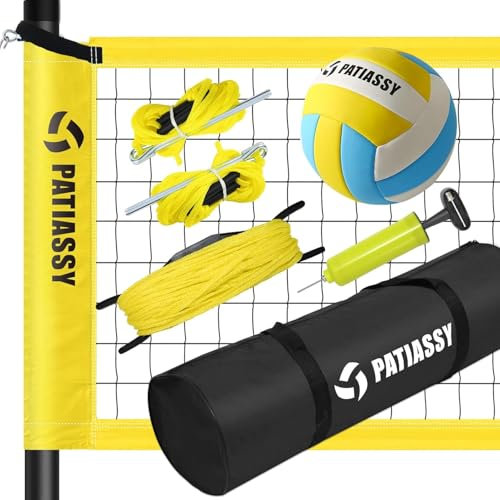 Patiassy Volleyballnetz Garten Outdoor Mobiles Set Mit Stangen, Höhenverstellbar Volleyball Netz, PU Volleyball, Handpume, Grenzlinie, Tragetasche für Rasen Standardgröße 9,5m* 1m (Geld)